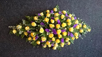Coffin Spray All Yellow Roses and Purple Statice