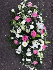 Pink and white coffin spray