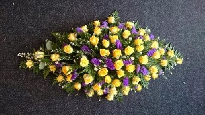 Coffin Spray All Yellow Roses and Purple Statice