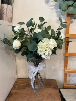 Artificial white rose and hydrangea vase arrangement