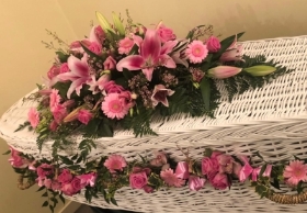 Pink Coffin spray and garland